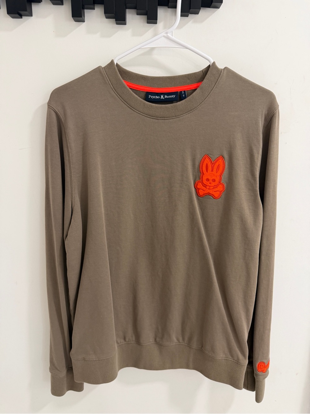 Psycho Bunny Taupe Crewneck Sweatshirt with Orange Bunny Patch